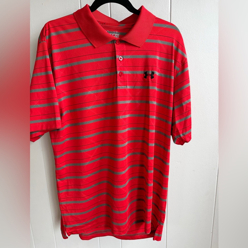 Under Armour Men’s Heatgear Golf Polo Red/Gray Stripe XL. Like New.